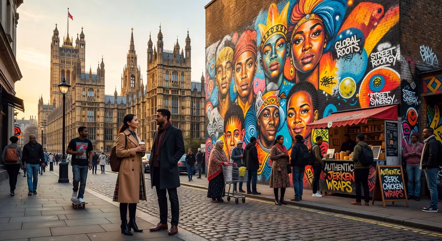 London street scene showing contrast between historic Westminster architecture and modern Shoreditch street art