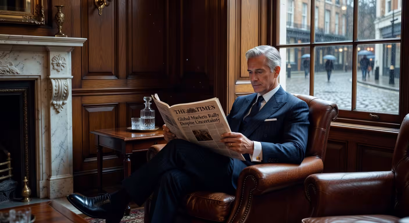 Elegant mature gentleman in his 60s reading newspaper in traditional London members club, leather armchair setting