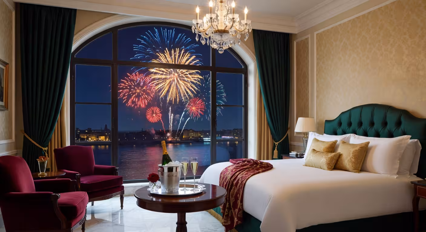 Opulent hotel suite bedroom at The Savoy London with floor-to-ceiling windows overlooking Thames, ch