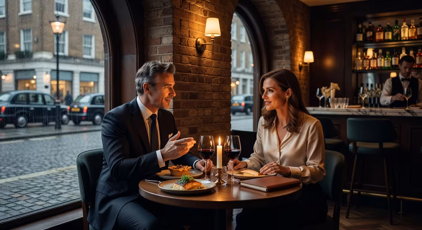 Two professionals having an engaged conversation at a private table in an exclusive London restauran