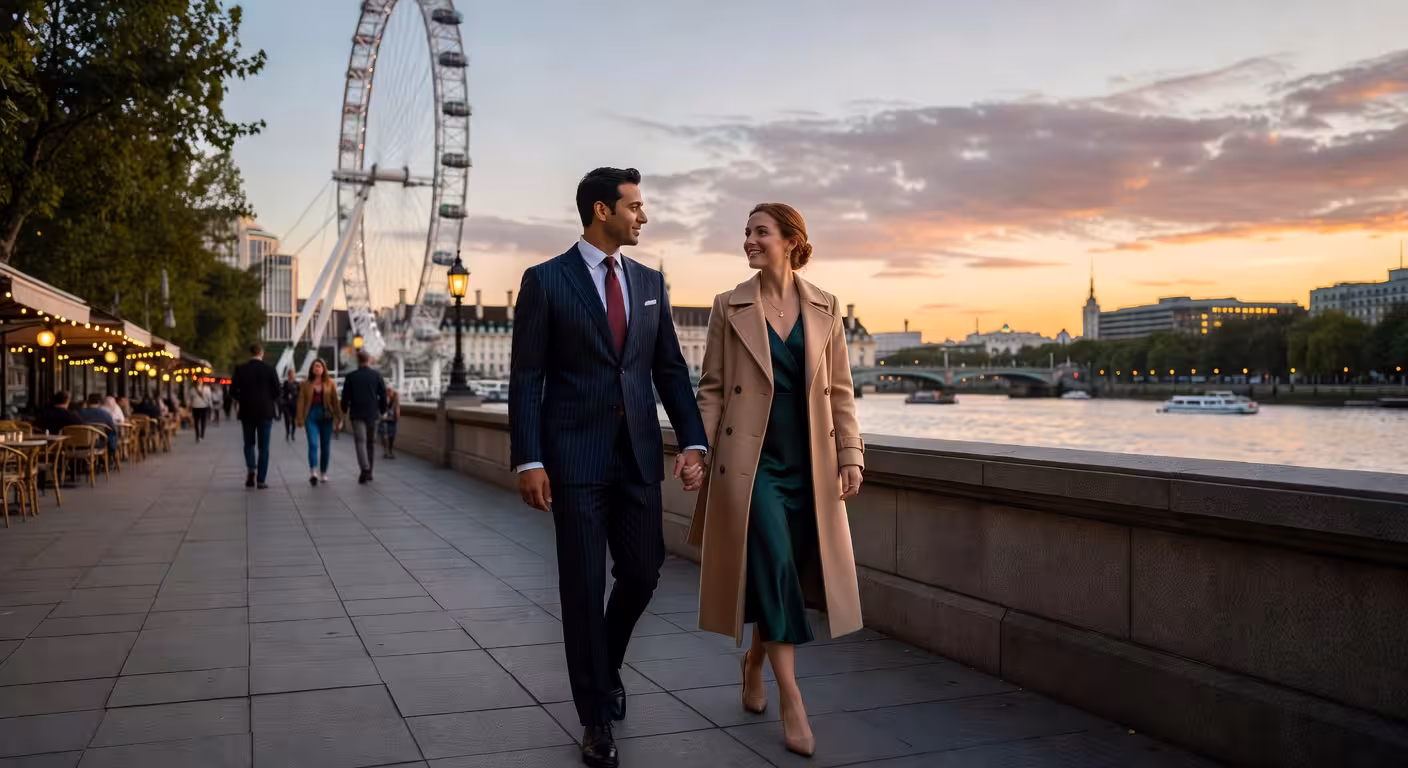 Elegant couple walking along South Bank at dusk, London Eye and Thames visible, romantic city atmosp