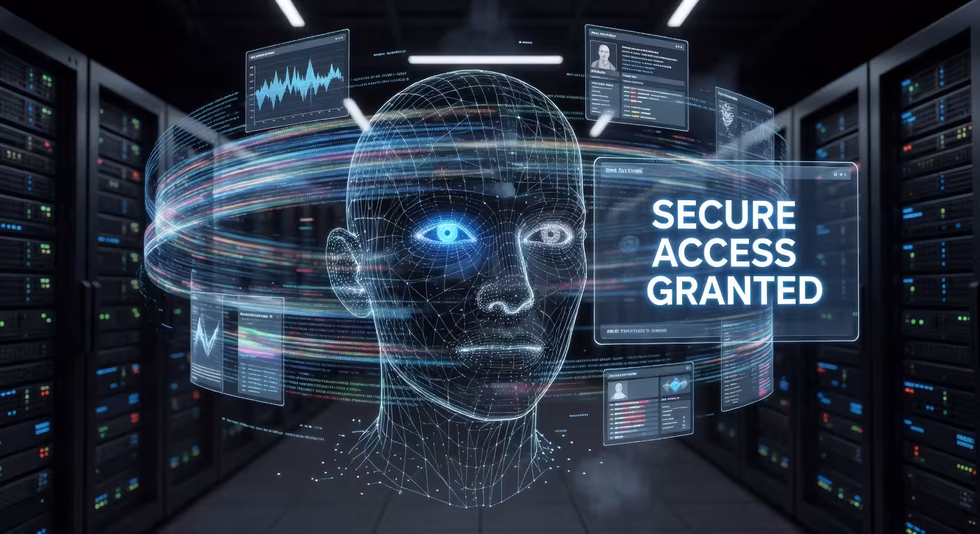 Futuristic biometric facial recognition interface with holographic elements, advanced security techn