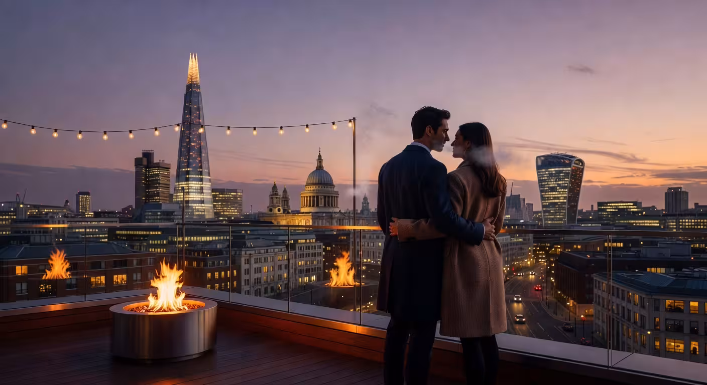 Modern London skyline at dusk with silhouette of couple on rooftop terrace, contemporary city romanc