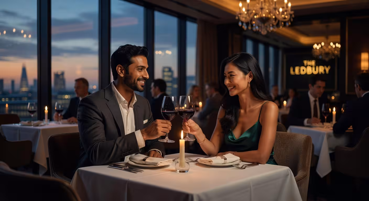 Confident attractive couple enjoying evening at upscale London restaurant, sophisticated ambiance, w
