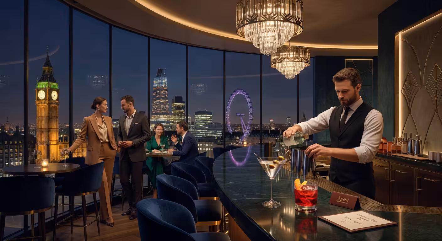 Sophisticated rooftop bar interior with floor-to-ceiling windows overlooking illuminated London at night