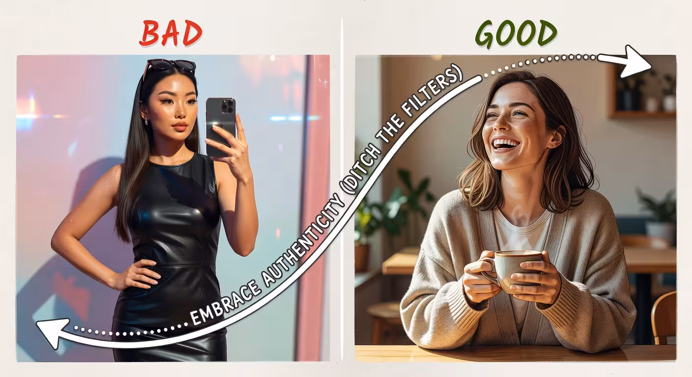Split screen comparison showing bad versus good dating profile photos, left side overly filtered and posed, right side natural and authentic