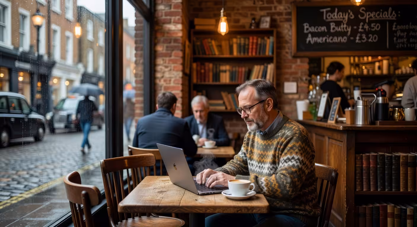 Cosy independent coffee shop interior in Soho London, mature professional working on laptop, authentic atmosphere