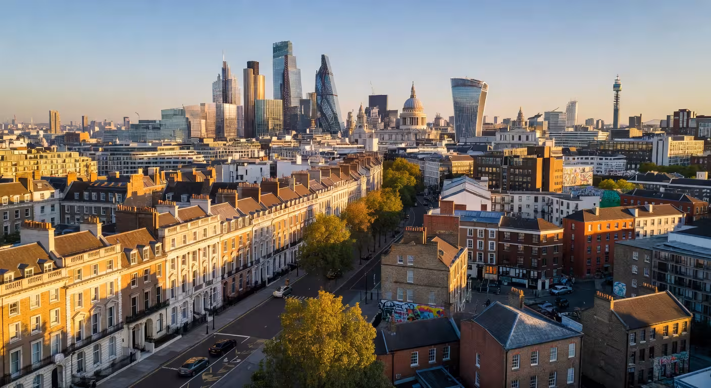Aerial view of London cityscape showing contrast between Mayfair, City financial district and Shoreditch areas