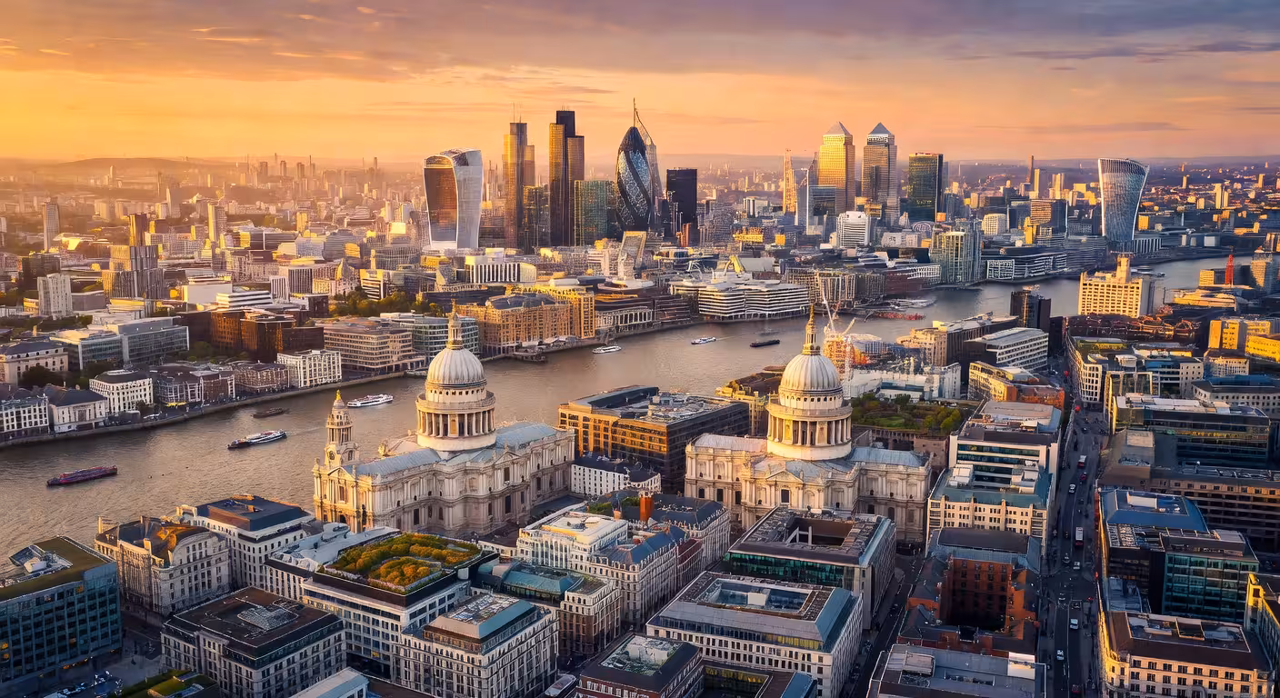 Aerial view of iconic London landmarks including the City financial district, Canary Wharf skyscrapers and Thames