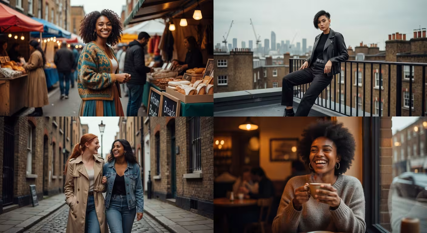 Diverse group of confident young women in different London settings, montage style, showing variety